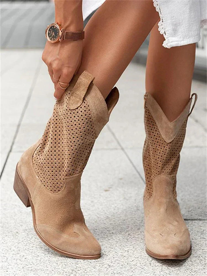 Damen-Vegan-Leder-Stiefel mit perforiertem Design