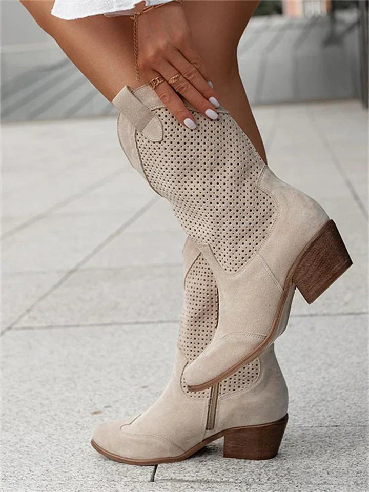 Damen-Vegan-Leder-Stiefel mit perforiertem Design