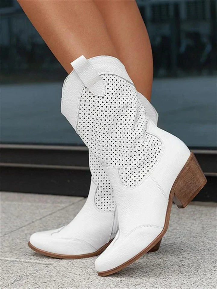 Damen-Vegan-Leder-Stiefel mit perforiertem Design