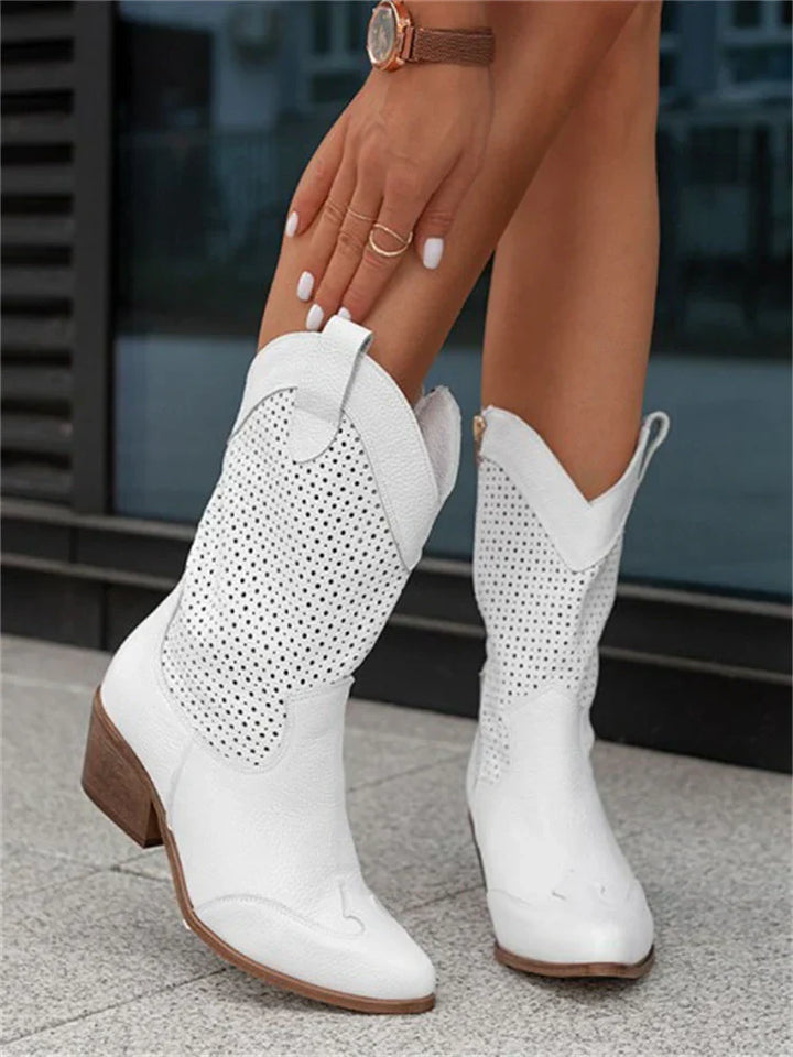Damen-Vegan-Leder-Stiefel mit perforiertem Design