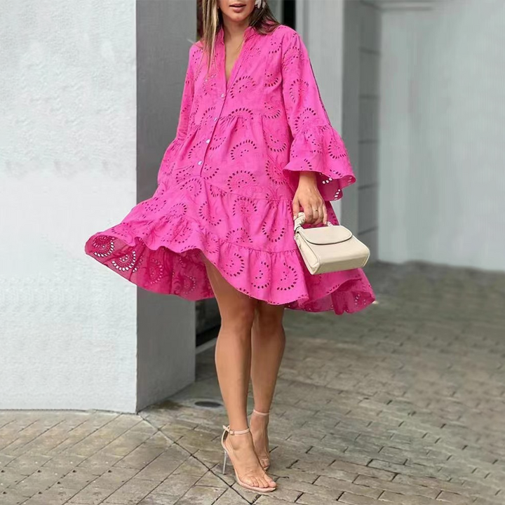 Damen Sommerkleid mit Ösenmuster und Glockenärmeln
