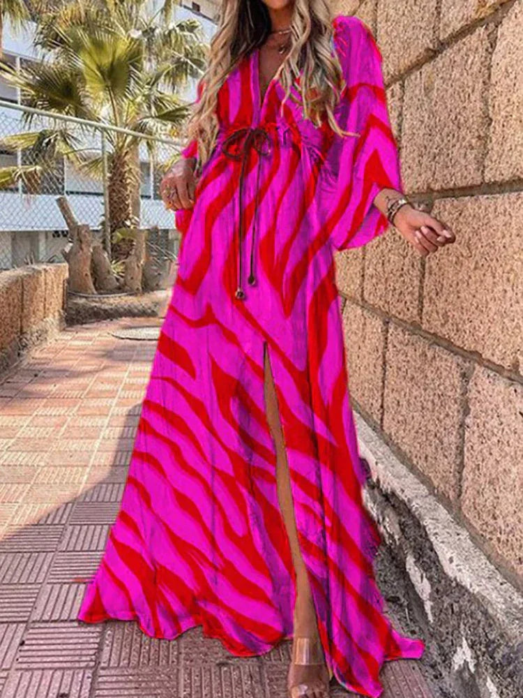 Damen Maxikleid mit abstraktem Muster und Taillenbindung