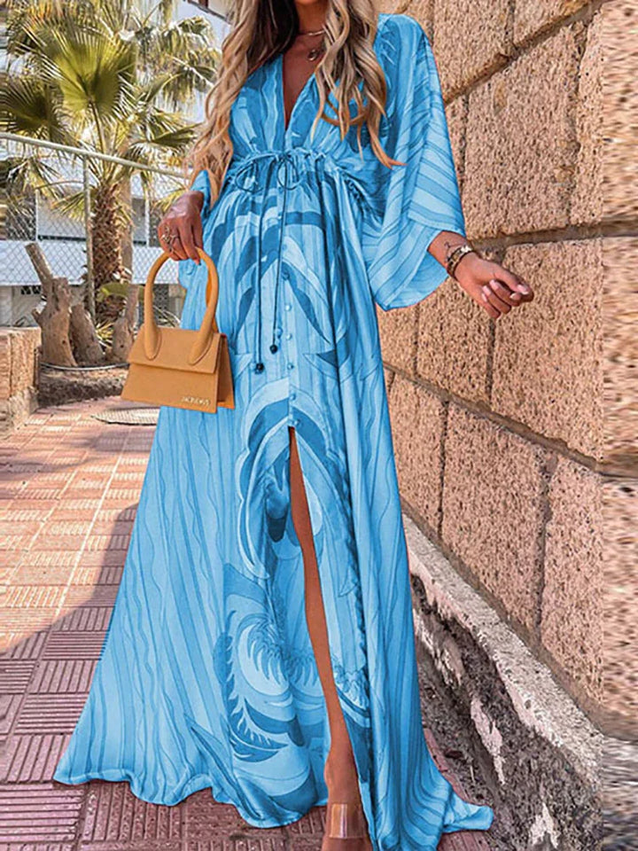 Damen Maxikleid mit abstraktem Muster und Taillenbindung