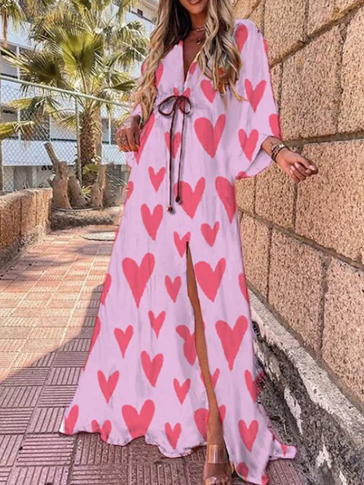 Damen Maxikleid mit abstraktem Muster und Taillenbindung