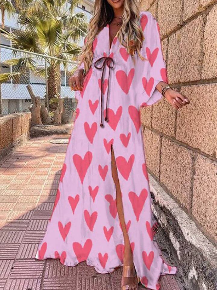 Damen Maxikleid mit abstraktem Muster und Taillenbindung