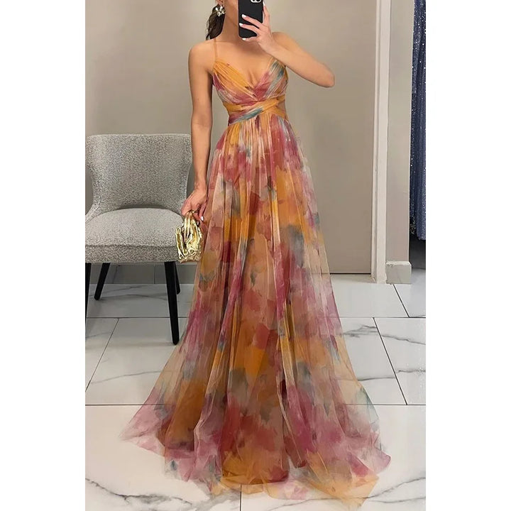 Damen Sommer Ärmelloses Formelles Langkleid mit Blumenmuster und V-Ausschnitt