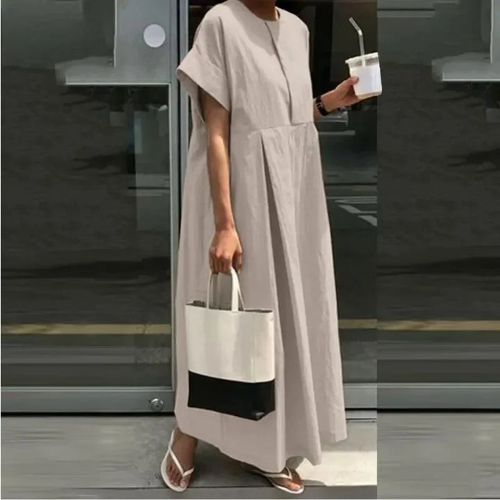 Damen Leinen-Midi-Kleid mit kurzen Ärmeln