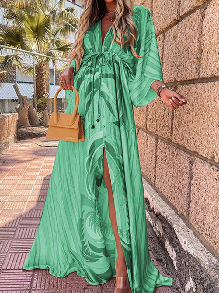 Damen Maxikleid mit abstraktem Muster und Taillenbindung