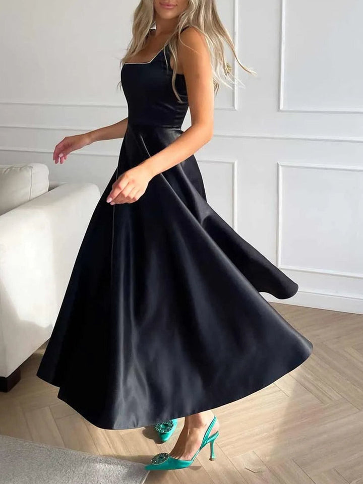 Damen Sommer Cocktailkleid mit Quadratischem Ausschnitt and Ärmellos