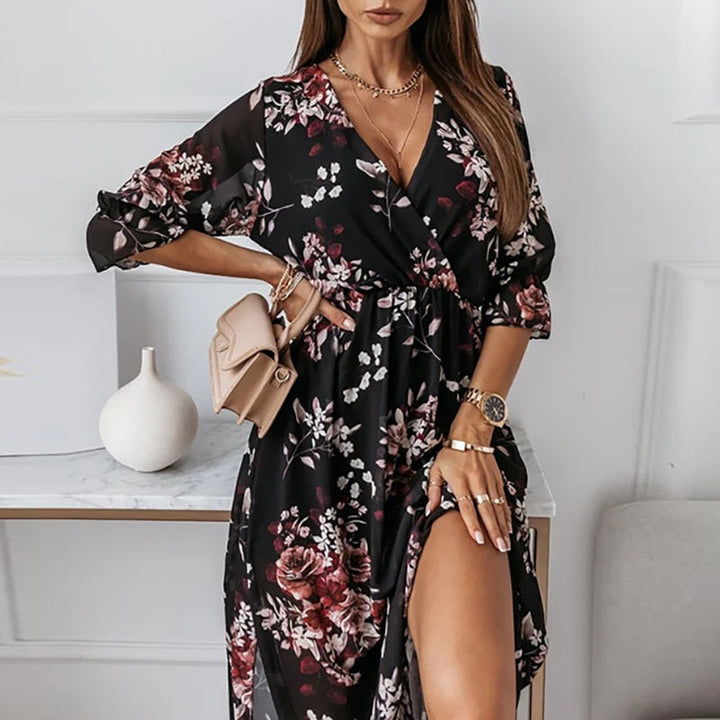 Damen Sommer Bedrucktes Wickelkleid mit V-Ausschnitt and Halblangen Ärmeln