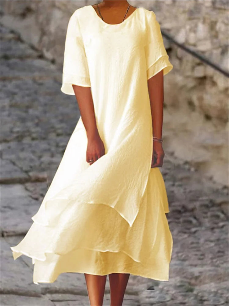 Damen-Midikleid mit Stufenrock und kurzen Ärmeln