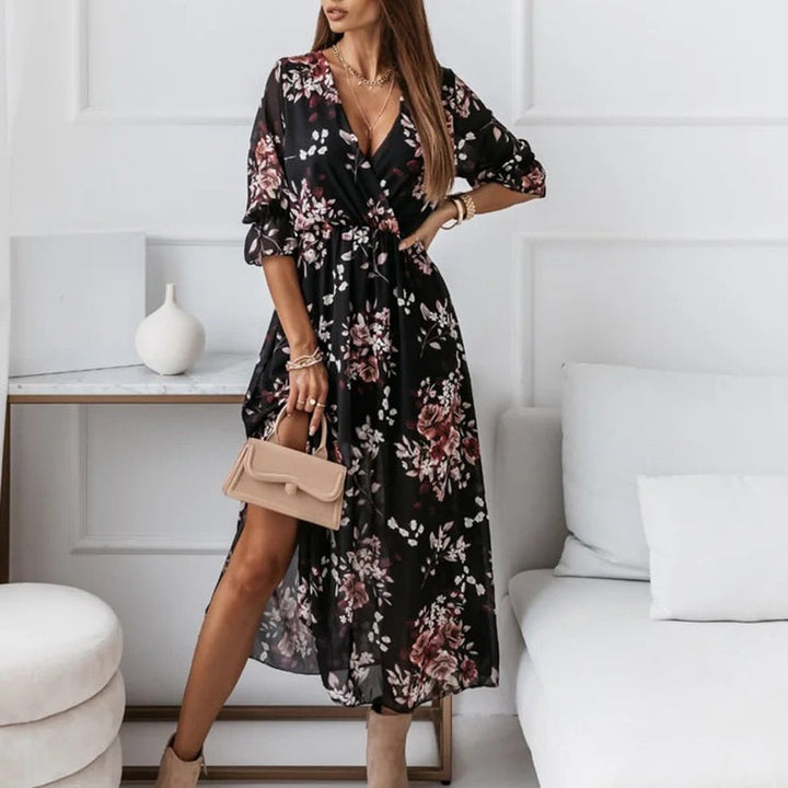 Damen Sommer Bedrucktes Wickelkleid mit V-Ausschnitt and Halblangen Ärmeln