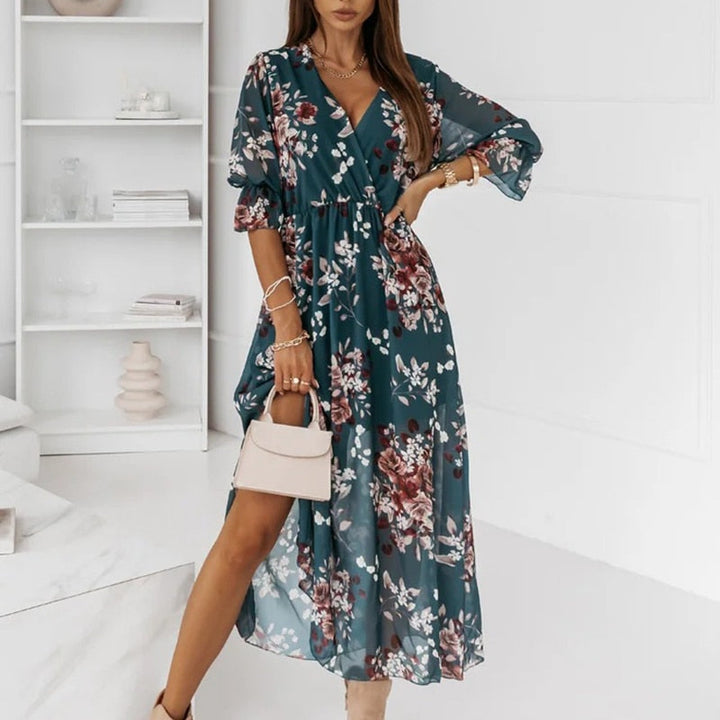 Damen Sommer Bedrucktes Wickelkleid mit V-Ausschnitt and Halblangen Ärmeln