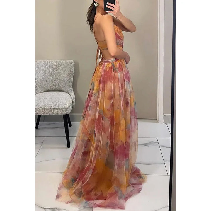 Damen Sommer Ärmelloses Formelles Langkleid mit Blumenmuster und V-Ausschnitt