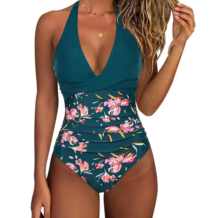 Damen Einteiler Badeanzug mit Halterneck und Crossover-Design