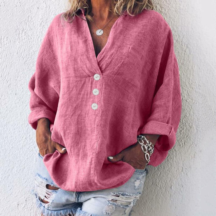 Lockere V-Ausschnitt-Leinenbluse für Damen