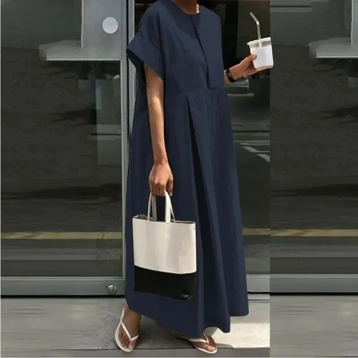 Damen Leinen-Midi-Kleid mit kurzen Ärmeln
