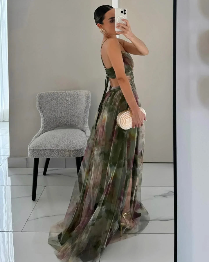 Damen Sommer Ärmelloses Formelles Langkleid mit Blumenmuster und V-Ausschnitt