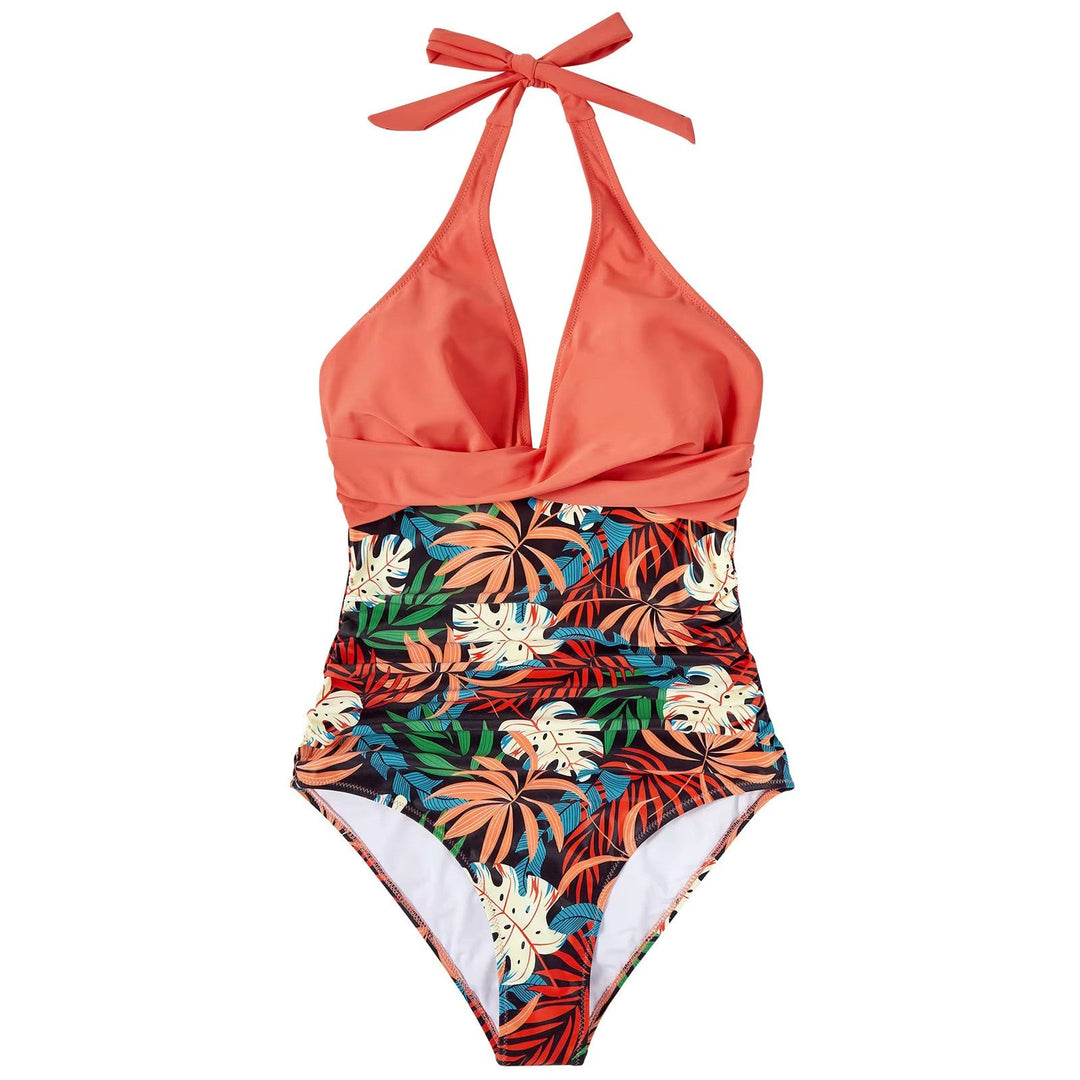 Damen Einteiler Badeanzug mit Halterneck und Crossover-Design