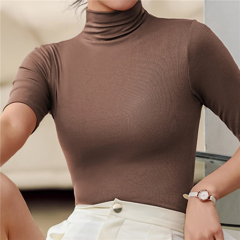 Damen Rollkragenbluse mit Kurzen Ärmeln