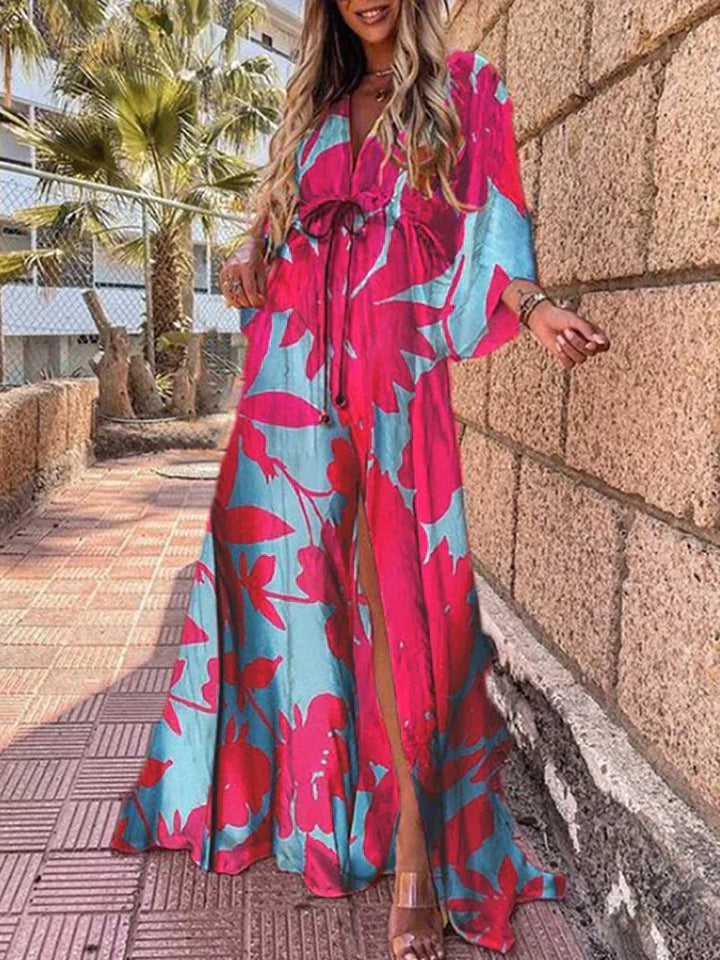 Damen Maxikleid mit abstraktem Muster und Taillenbindung