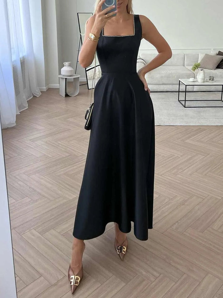Damen Sommer Cocktailkleid mit Quadratischem Ausschnitt and Ärmellos