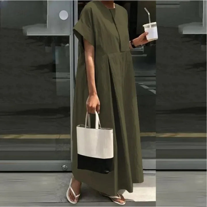Damen Leinen-Midi-Kleid mit kurzen Ärmeln