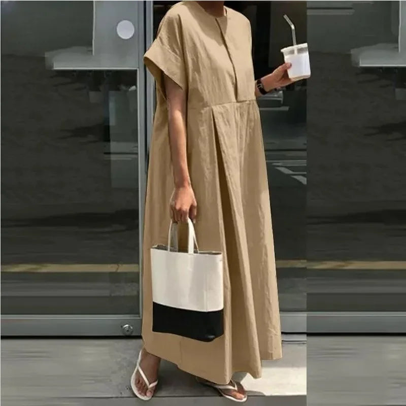 Damen Leinen-Midi-Kleid mit kurzen Ärmeln