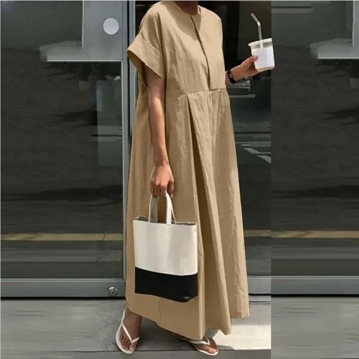 Damen Leinen-Midi-Kleid mit kurzen Ärmeln