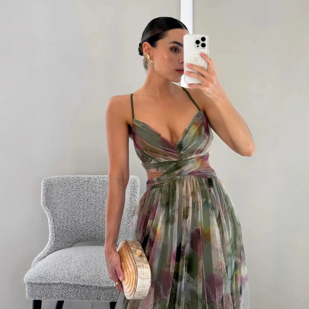 Damen Sommer Ärmelloses Formelles Langkleid mit Blumenmuster und V-Ausschnitt