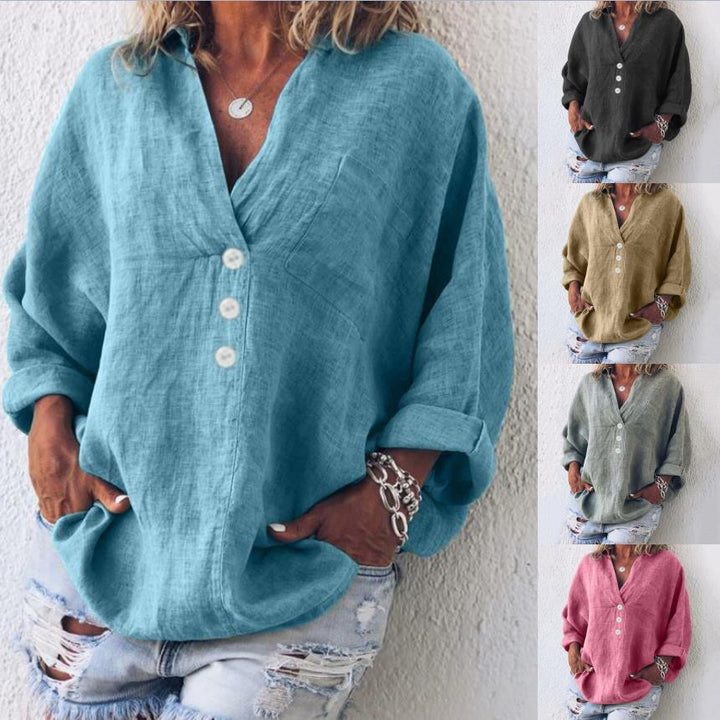 Lockere V-Ausschnitt-Leinenbluse für Damen
