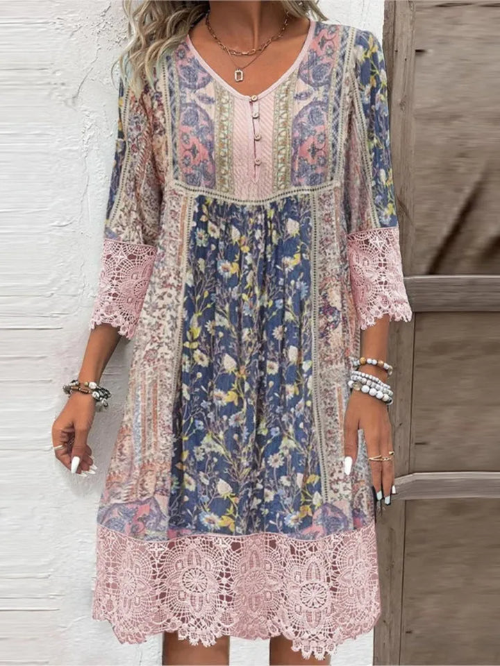 Damen-Knielanges Blumenkleid mit V-Ausschnitt und Spitzenbesatz