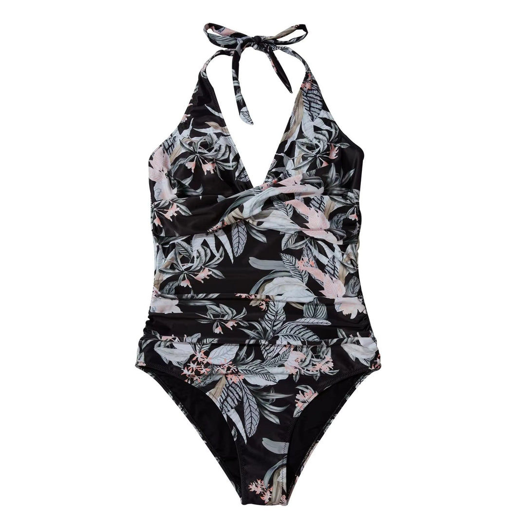 Damen Einteiler Badeanzug mit Halterneck und Crossover-Design
