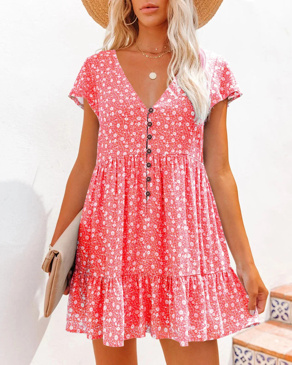 Damen Sommerkleid mit Blumenmuster und kurzen Ärmeln