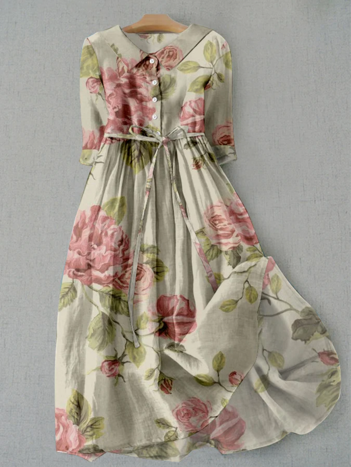 Damen-Midikleid mit Blumenprint Kragen und Bindegürtel
