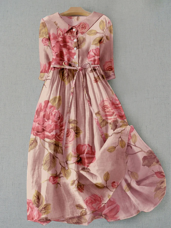 Damen-Midikleid mit Blumenprint Kragen und Bindegürtel