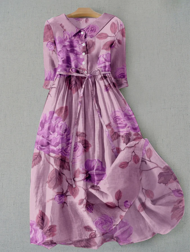 Damen-Midikleid mit Blumenprint Kragen und Bindegürtel