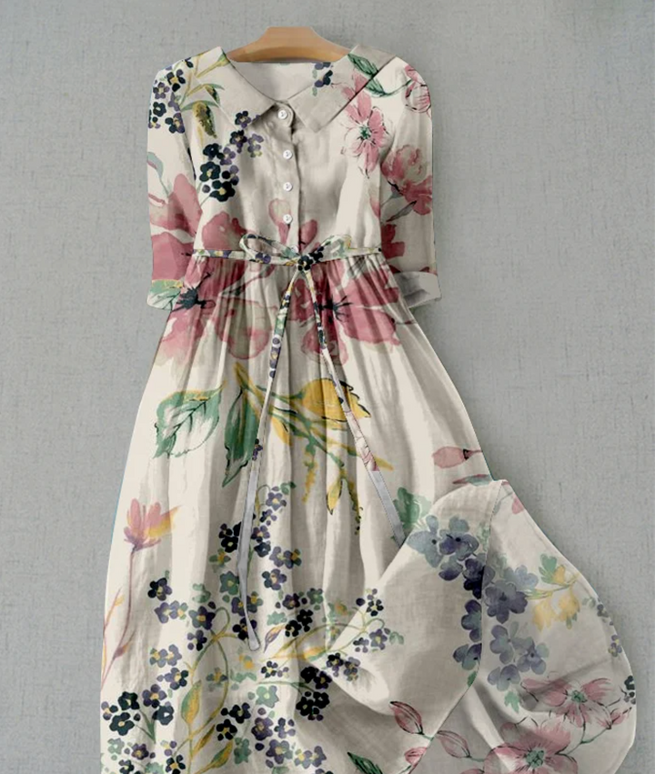 Damen-Midikleid mit Blumenprint Kragen und Bindegürtel
