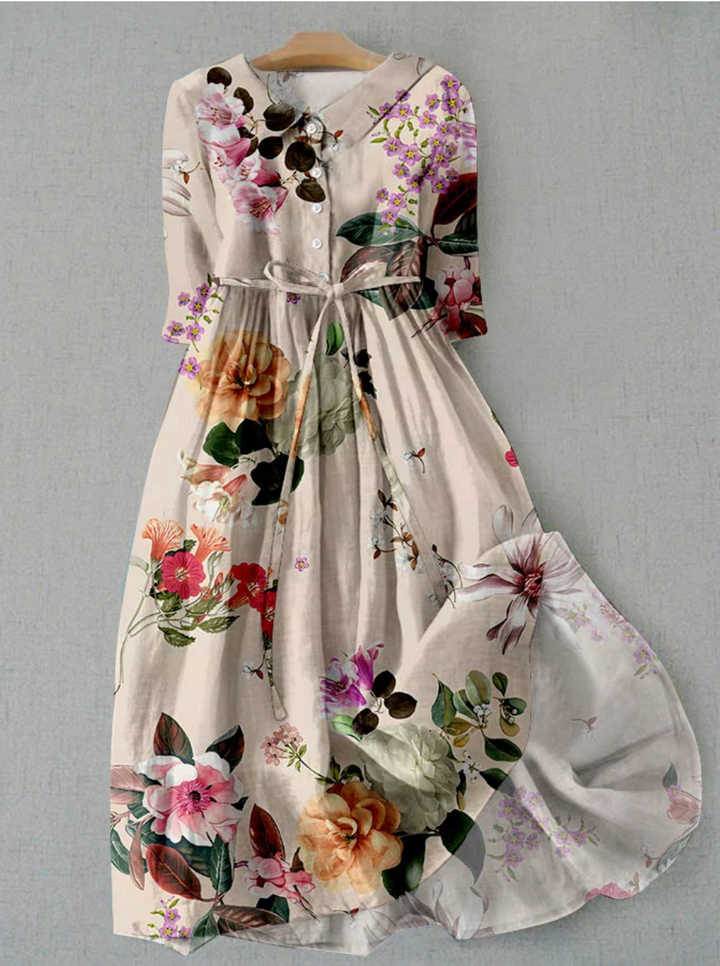 Damen-Midikleid mit Blumenprint Kragen und Bindegürtel