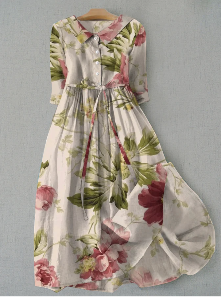 Damen-Midikleid mit Blumenprint Kragen und Bindegürtel