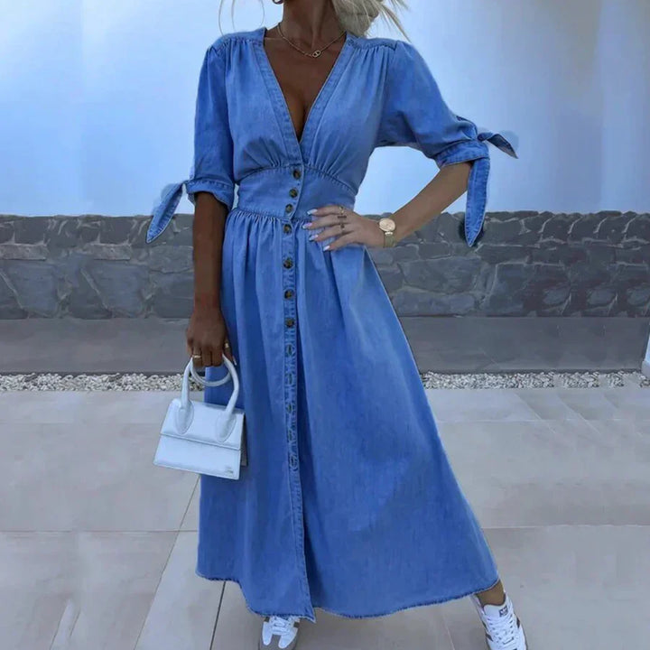 Damen Denim Maxikleid mit V-Ausschnitt