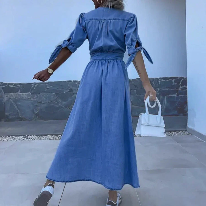 Damen Denim Maxikleid mit V-Ausschnitt