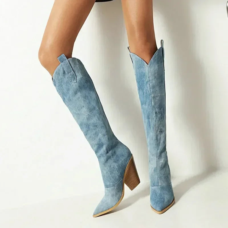 Damen Winter Cowboy Kniehohe Stiefel | Blau