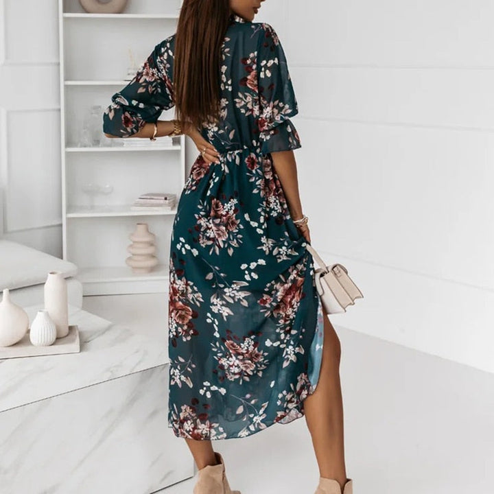 Damen Sommer Bedrucktes Wickelkleid mit V-Ausschnitt and Halblangen Ärmeln