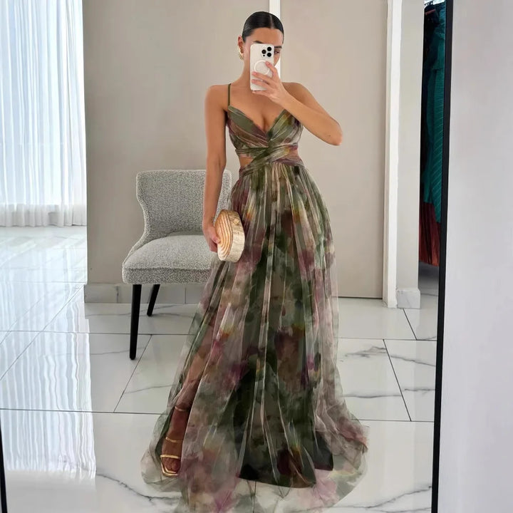 Damen Sommer Ärmelloses Formelles Langkleid mit Blumenmuster und V-Ausschnitt