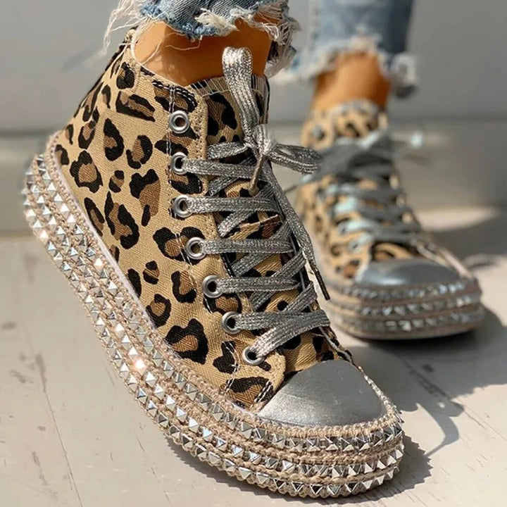 Leopard Print Canvas Sneakers mit Chunky-Plattformsohle für Damen