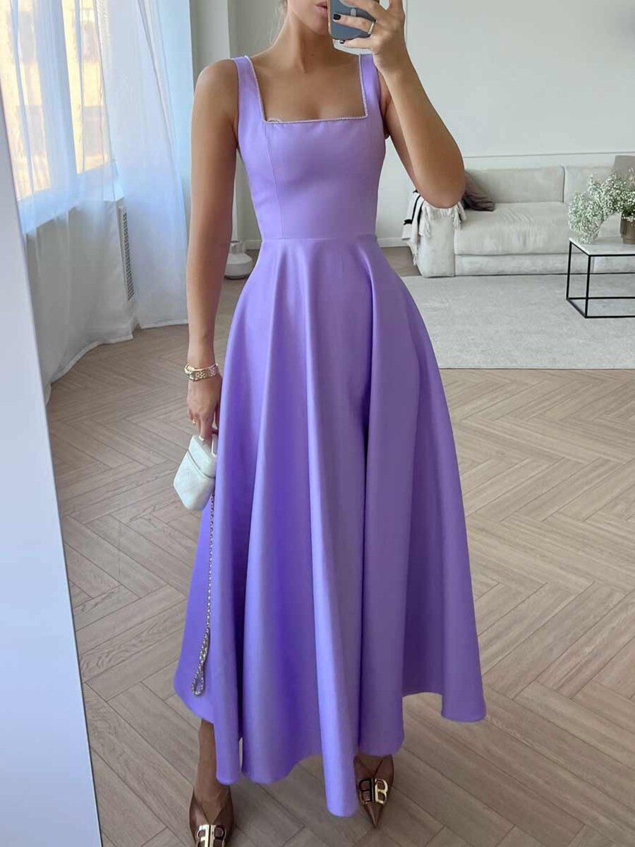 Damen Sommer Cocktailkleid mit Quadratischem Ausschnitt and Ärmellos