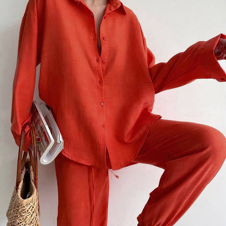 Damen Sommer-Set mit Locker Geschnittenem Oberteil und Kordelzughose