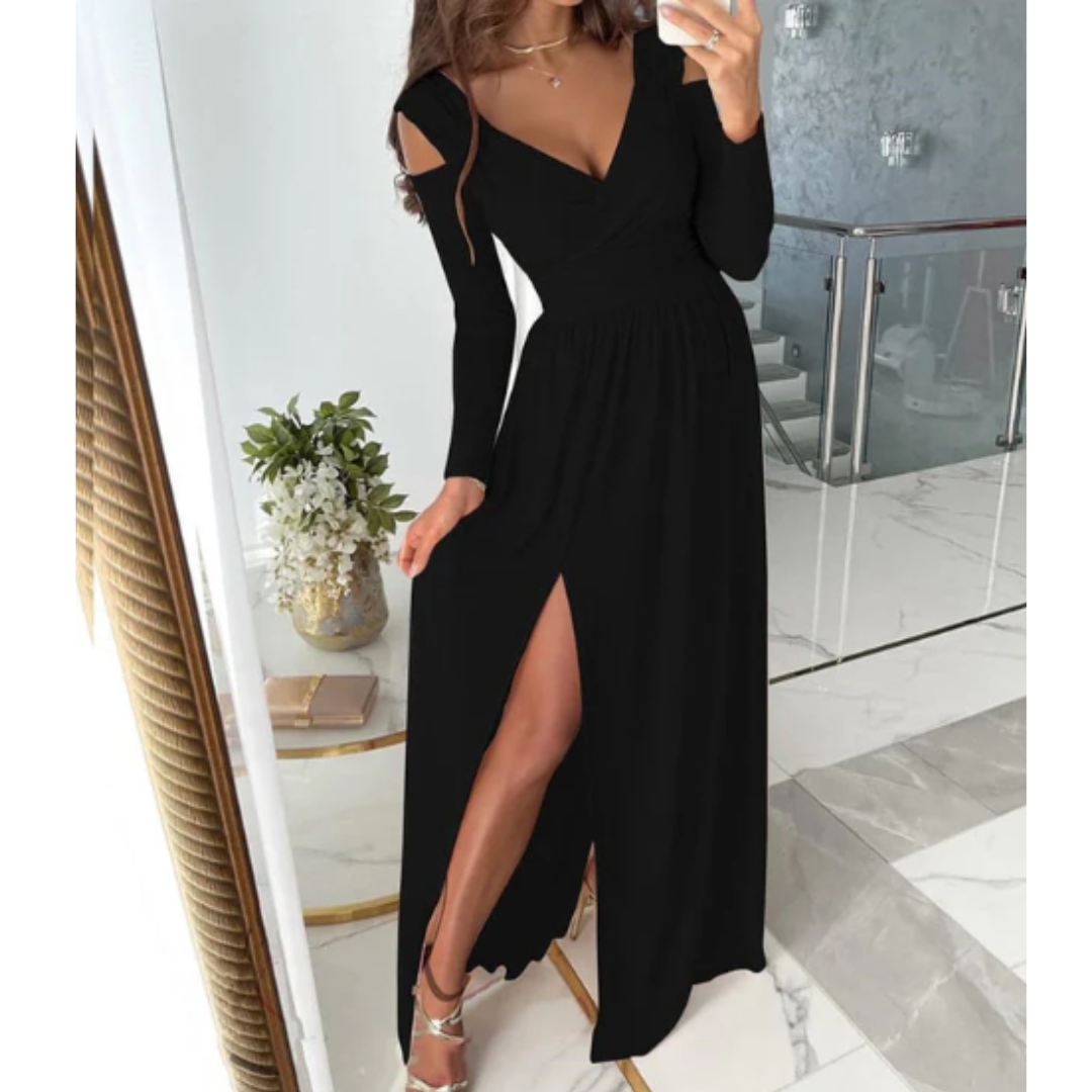 Damen Abendkleid Mit Langarm Und Schlitz | Maxi