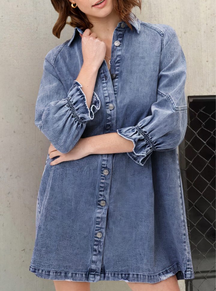 Damen Jeanskleid mit Rüschenärmeln in Hemdblusenstil